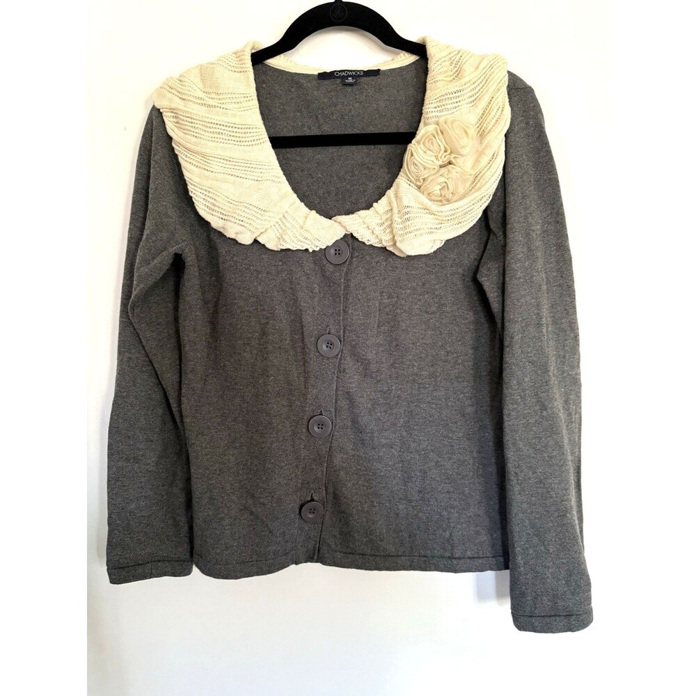VTG Chadwicks Gray Cardigan Sweater Cream Ruffle Floral Cottagecore Coquette L